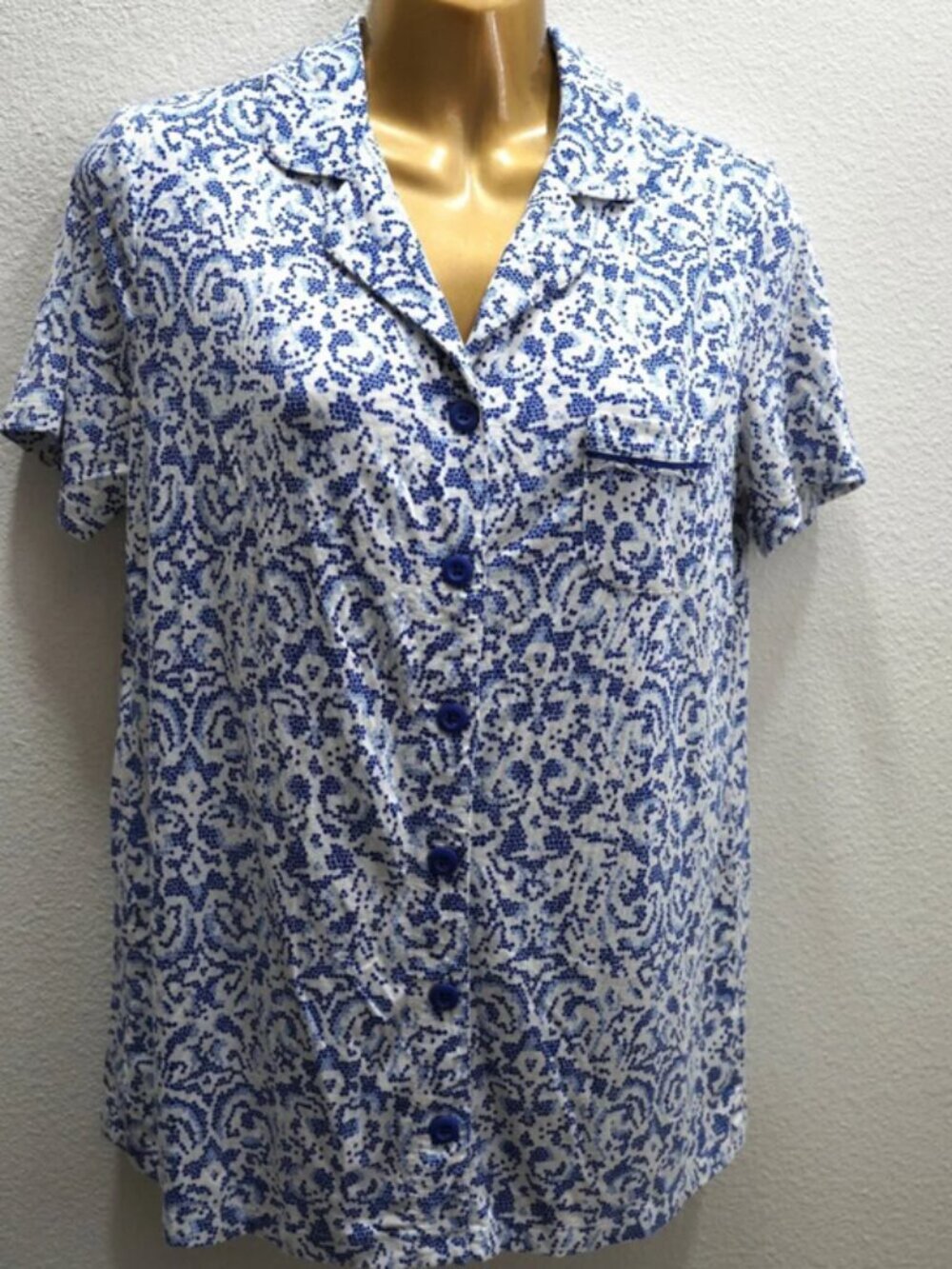 Soma Blue White Mosaic Short Sleeve Button Up Pajama Top size S